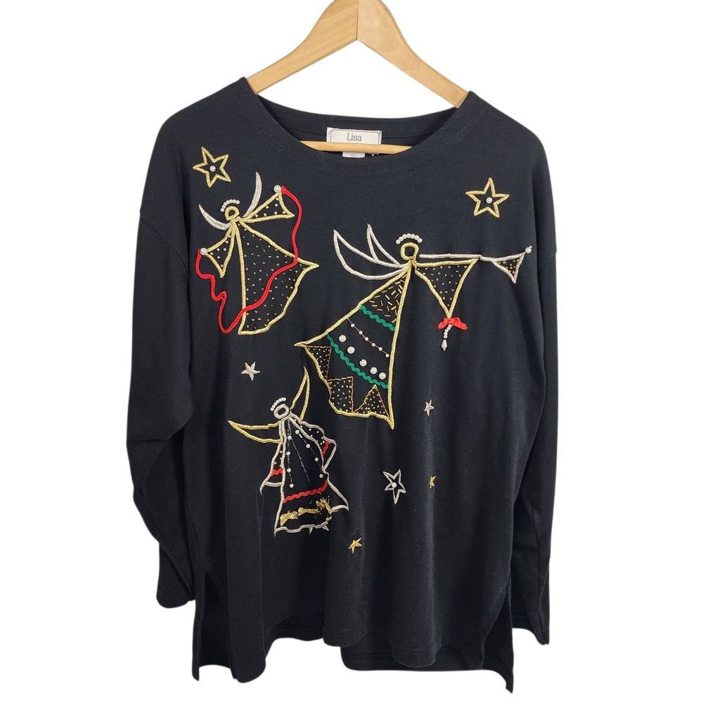 Lisa‎ International Black Long Sleeve Christmas Shirt Angels Stars 2X